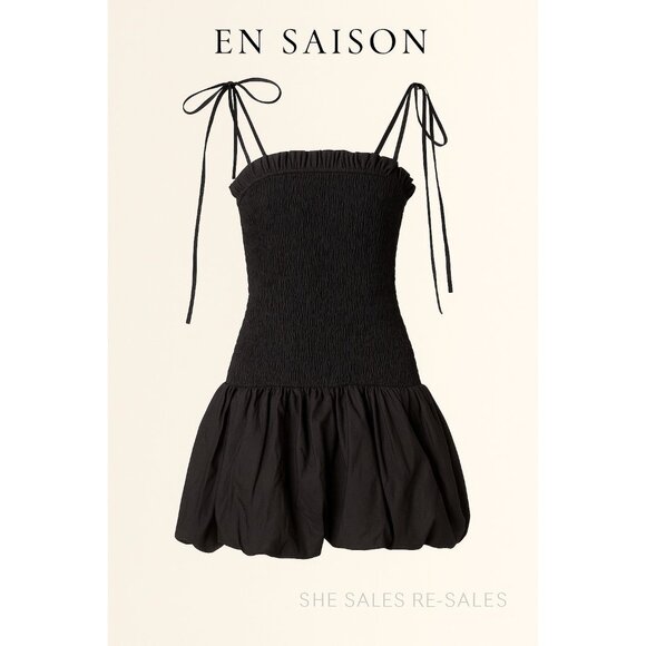 En Saison Black Smocked Mini Dress Bubble Hem Poplin Adjustable Tie Straps XS - Picture 1 of 8